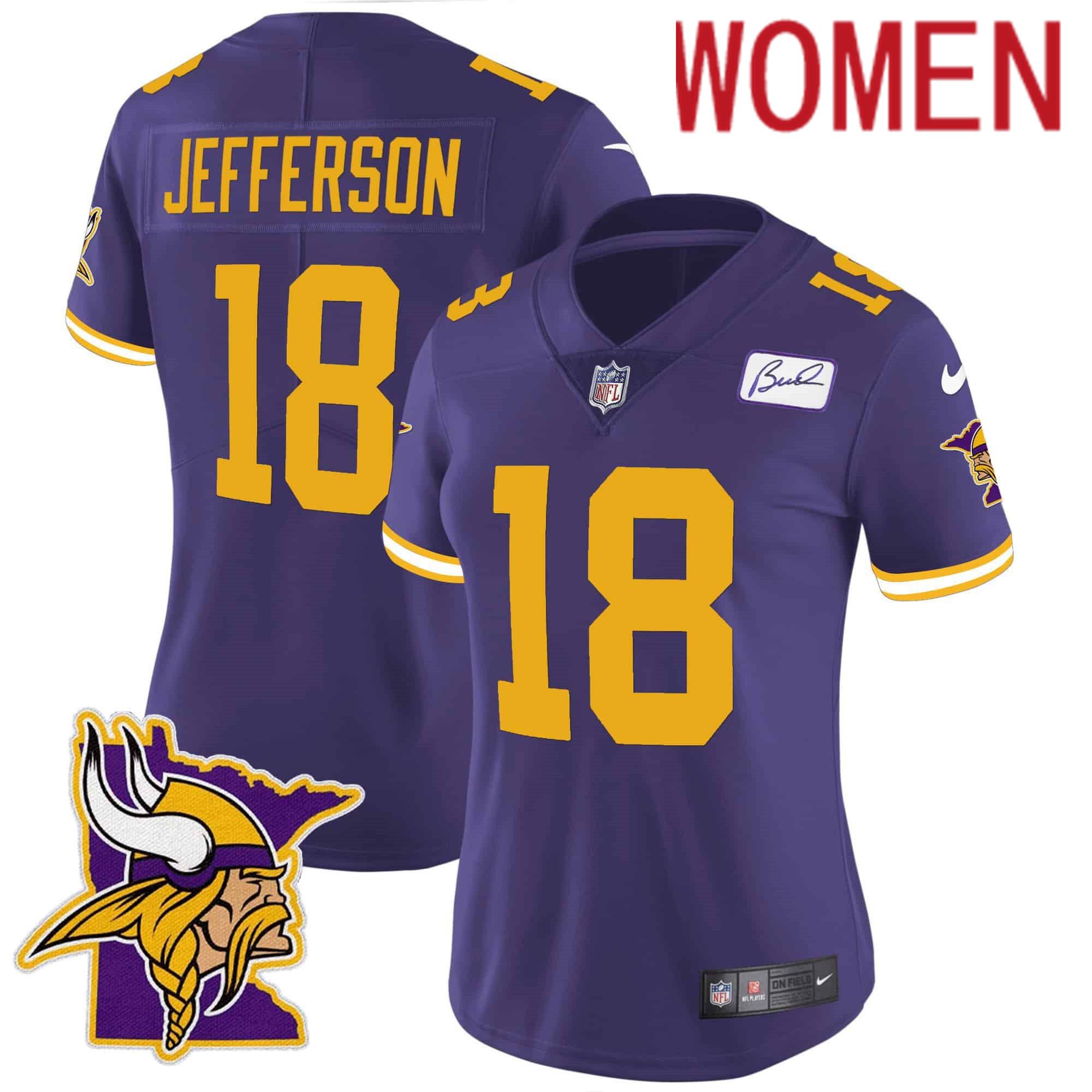 Women Minnesota Vikings 18 Jefferson Purple 2024 Nike Patch Classic Limited NFL Jersey style 2